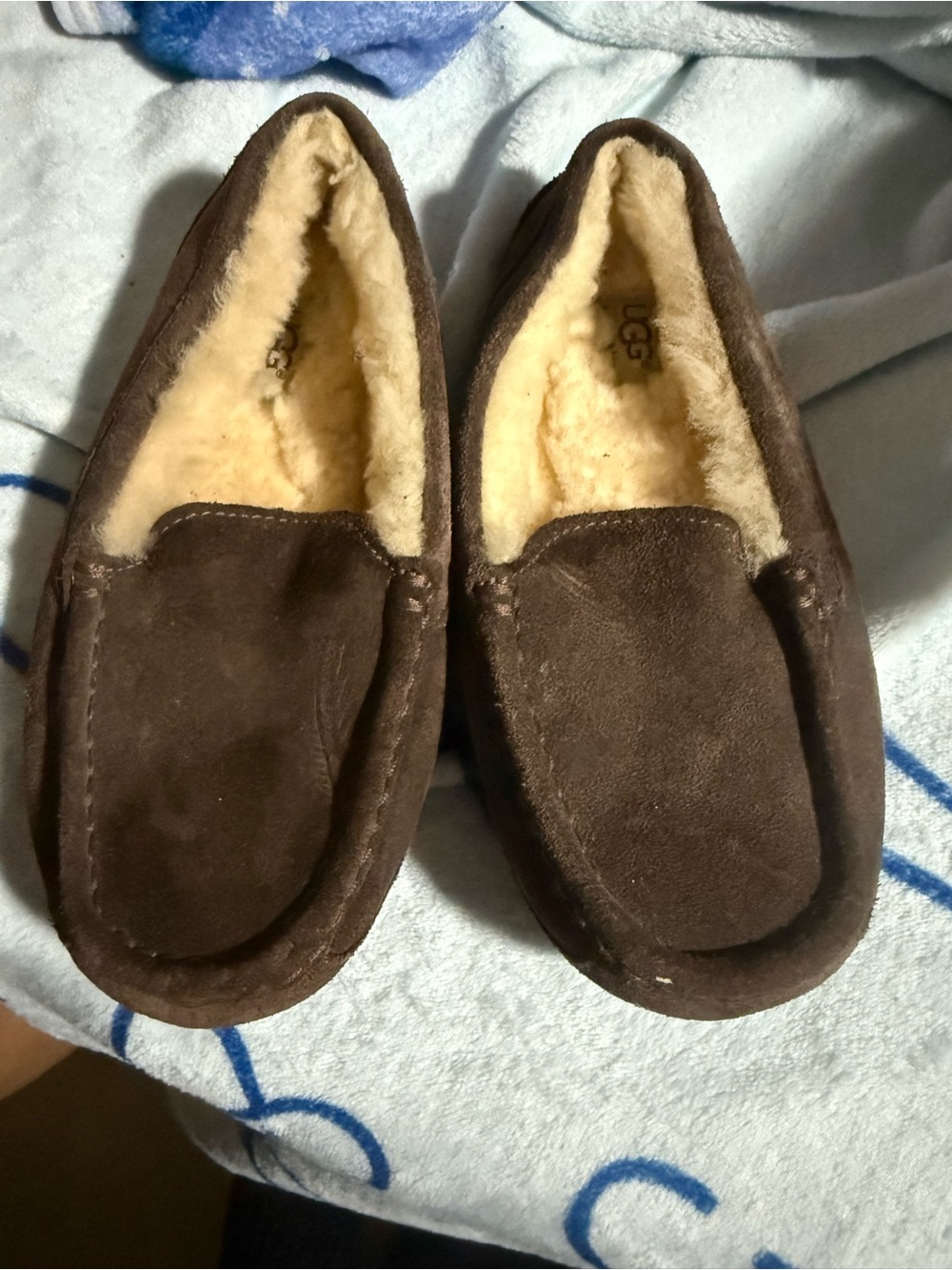 UGG Dark Brown Suede Shearling-Lined Moccasin Slippers